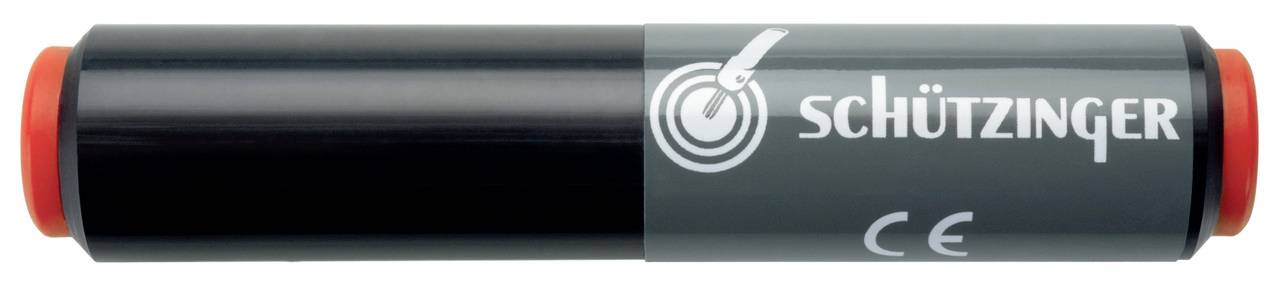 Schwarzer zylindrischer Schützinger-Stecker mit roten Endkappen und CE-Kennzeichnung auf weißem Hintergrund.