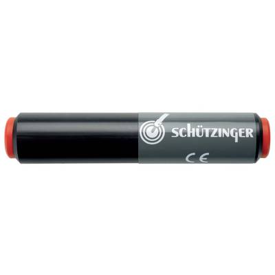 Schwarzer zylindrischer Schützinger-Stecker mit roten Endkappen und CE-Kennzeichnung auf weißem Hintergrund.