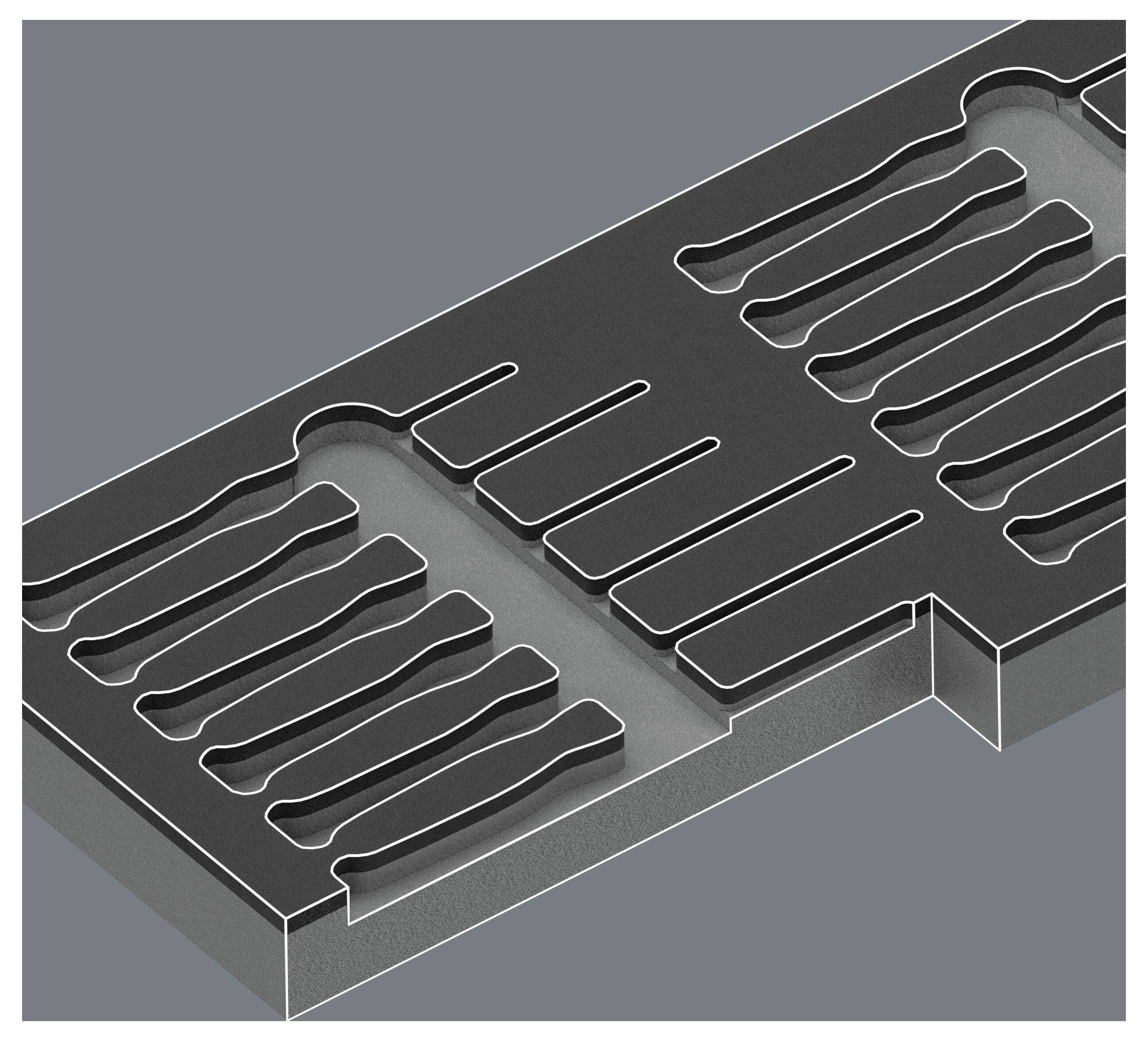 Isometrische technische Zeichnung einer rechteckigen Metallplatte mit zwei Sätzen paralleler Schlitze und einer gestuften zentralen Kerbe, perspektivisch auf grauem Hintergrund dargestellt.