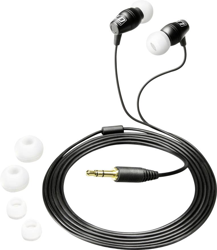 Schwarze kabelgebundene In-Ear-Kopfhörer mit Spiralkabel und vergoldeter Audiobuchse, gezeigt mit vier zusätzlichen weißen Ohrstöpseln.
