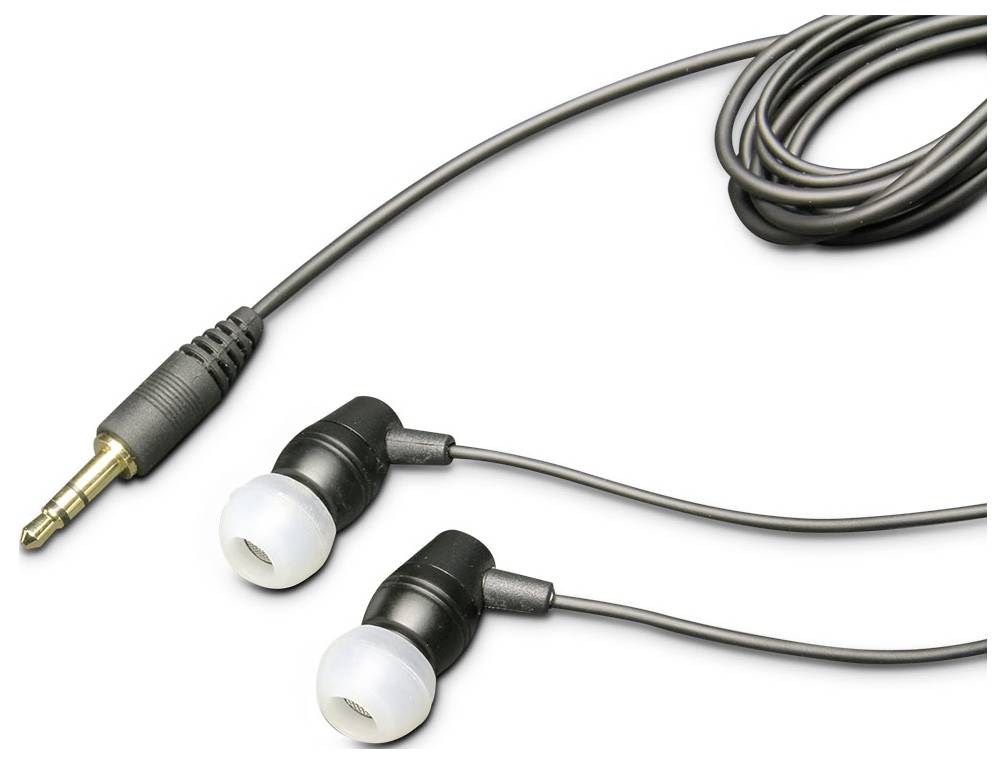 Schwarzes Audiokabel mit einem 3,5-mm-Stecker und zwei In-Ear-Ohrhörern, dargestellt auf weißem Hintergrund.