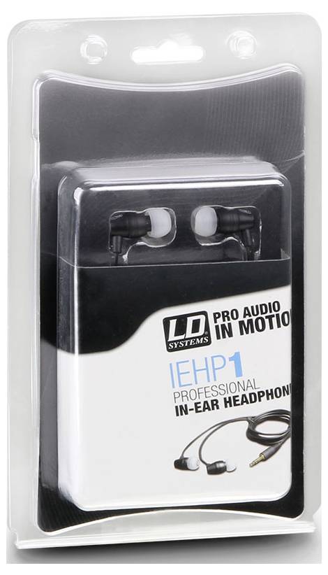 Verpackung für LD Systems IEHP1 professionelle In-Ear-Kopfhörer in einer durchsichtigen Blisterpackung, die die Ohrhörer und das Kabel im Inneren zeigt.