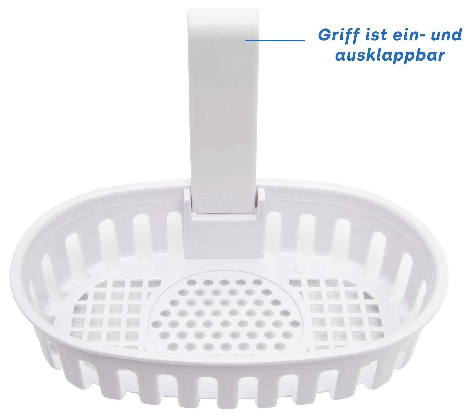 Weißer ovaler Kunststoff-Wäschekorb mit klappbarem Griff; deutscher Text besagt „Griff ist ein- und ausklappbar" (Griff lässt sich ein- und ausklappen).