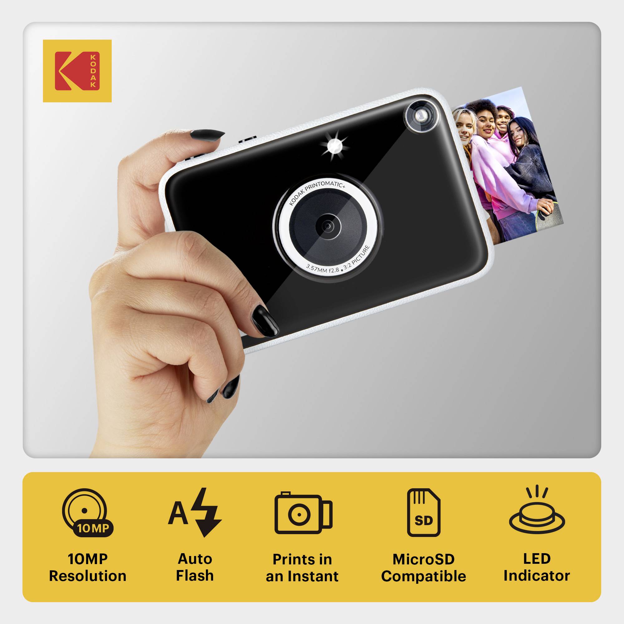 Kodak Sofortbildkamera mit einer Hand, die sie hält, ein Foto, das herauskommt, und Feature-Symbole unten für 10MP Auflösung, Blitz automatisch, Sofortausdrucke, MicroSD-Kompatibilität und LED-Anzeige.