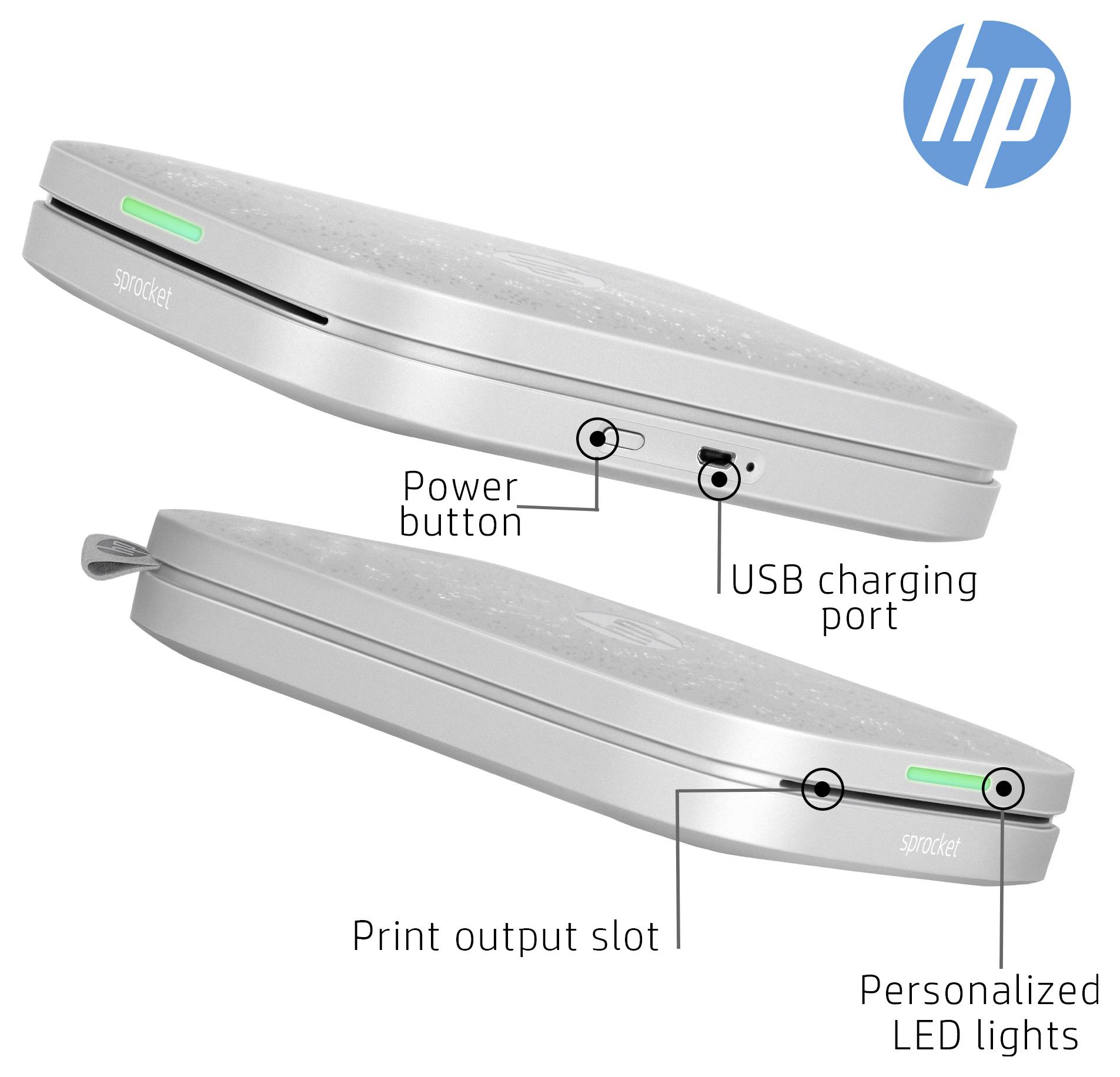Annotierte Seitenansicht eines HP Sprocket-Druckers mit Stromschalter, USB-Ladeanschluss, Druckausgabeschacht und personalisierten LED-Leuchten.