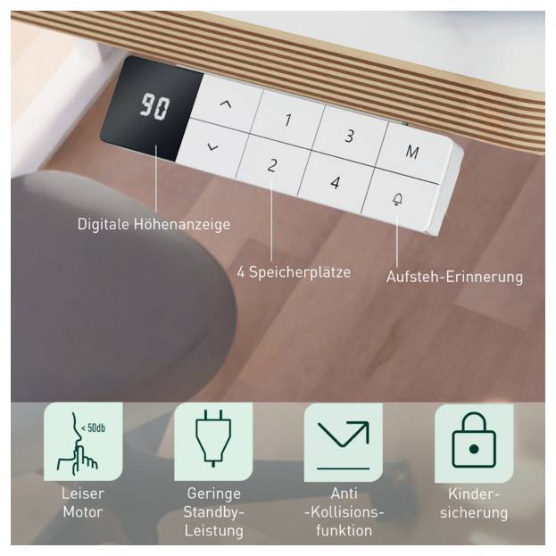 Illustration einer Bedienleiste mit digitaler Höhenanzeige eingestellt auf 90, vier Speichertasten und einem Weckerinnerungssignal, sowie Symbolen für leisen Motor, niedrige Bereitschaftsleistung, Kollisionserkennung und Kindersicherung.