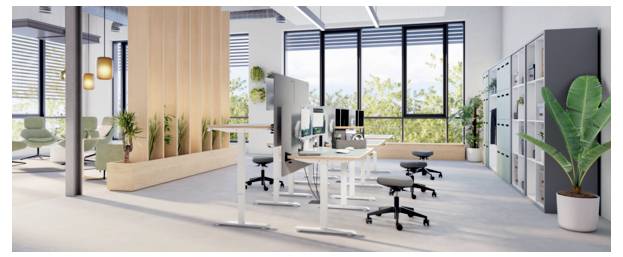 Modernes Großraumbüro mit Schreibtischen, Drehstühlen, Computern, Aktenschränken, Pflanzen und großen Fenstern, die natürliches Licht hereinlassen.