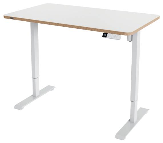Weißer höhenverstellbarer Schreibtisch mit Holztrimmkante und digitaler Bedienleiste unter der rechten Seite.