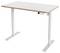 Weißer höhenverstellbarer Schreibtisch mit Holztrimmkante und digitaler Bedienleiste unter der rechten Seite.