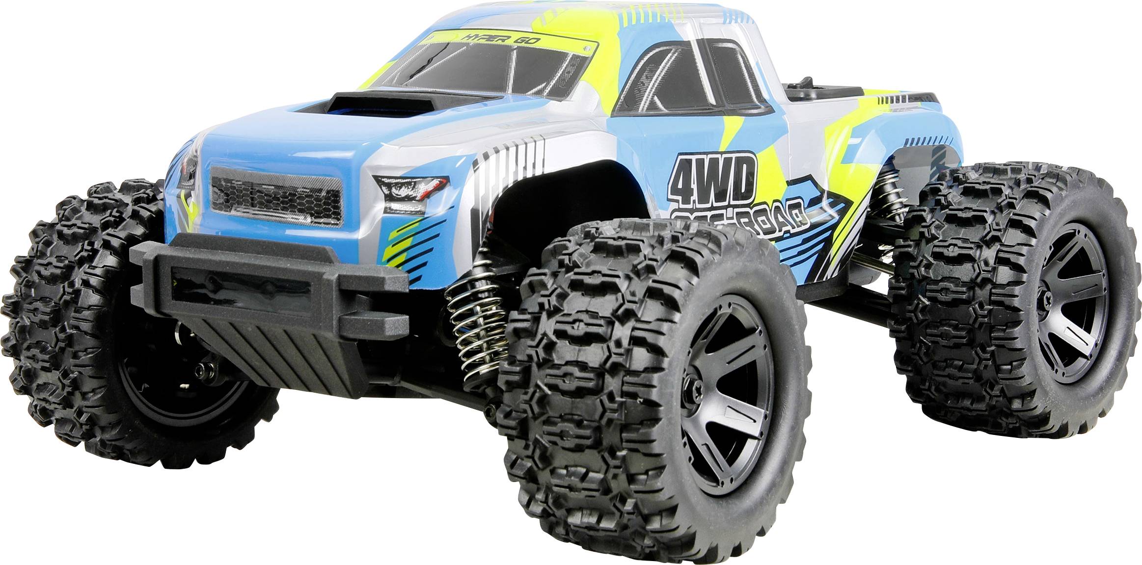 Blauer und gelber Gelände-RC-Truck mit übergroßen Knorpelreifen auf weißem Hintergrund, seitlich mit "4WD" gekennzeichnet.