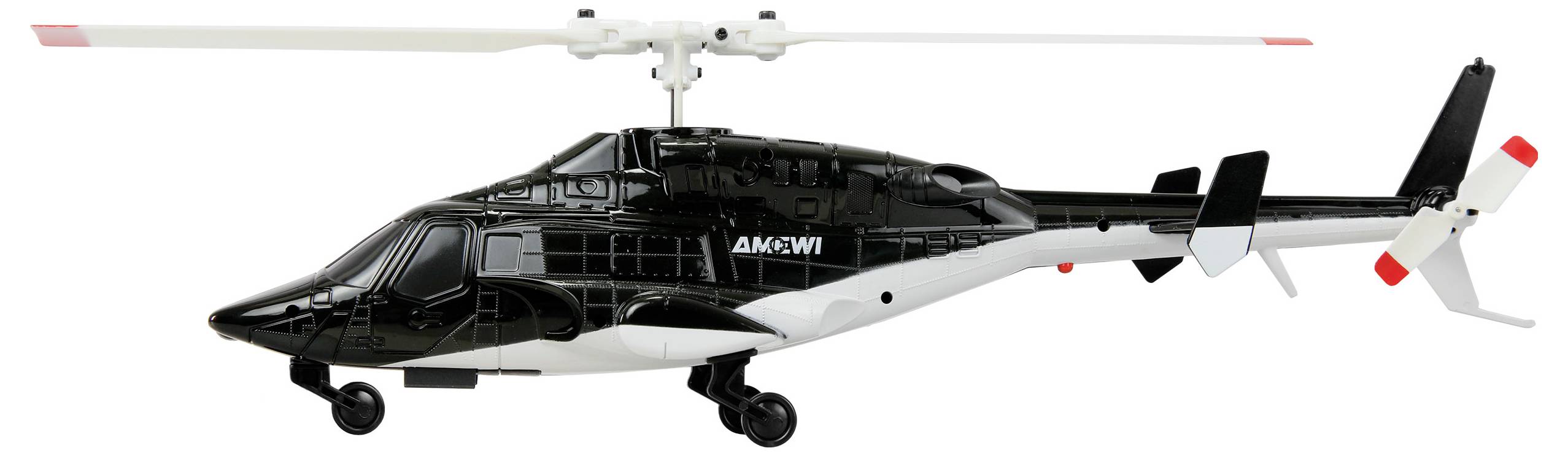 Schwarzweißer Hubschrauber in Seitenansicht, gekennzeichnet mit AMCW1, mit Fahrwerk und Heckrotor auf weißem Hintergrund.