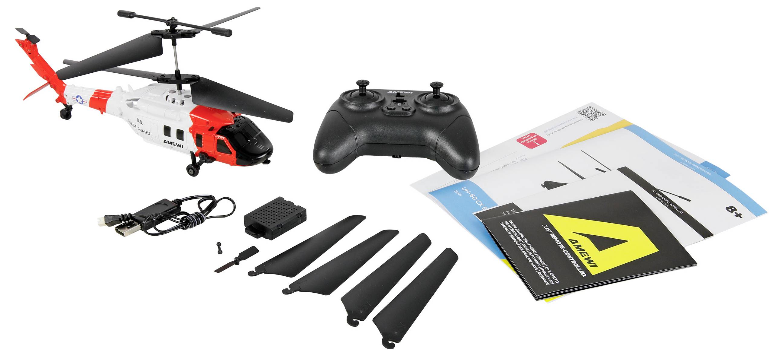 Spielzeug-Hubschrauber-Set mit Fernsteuerung, Batterieladegerät, Ersatzrotorblätter und Bedienungsanleitungen auf weißem Hintergrund angeordnet.