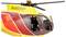 Gelb-roter Hubschrauber mit geöffneter Seitentür, sichtbarem Cockpit, Registrierung 'N503MP' auf dem Rumpf.