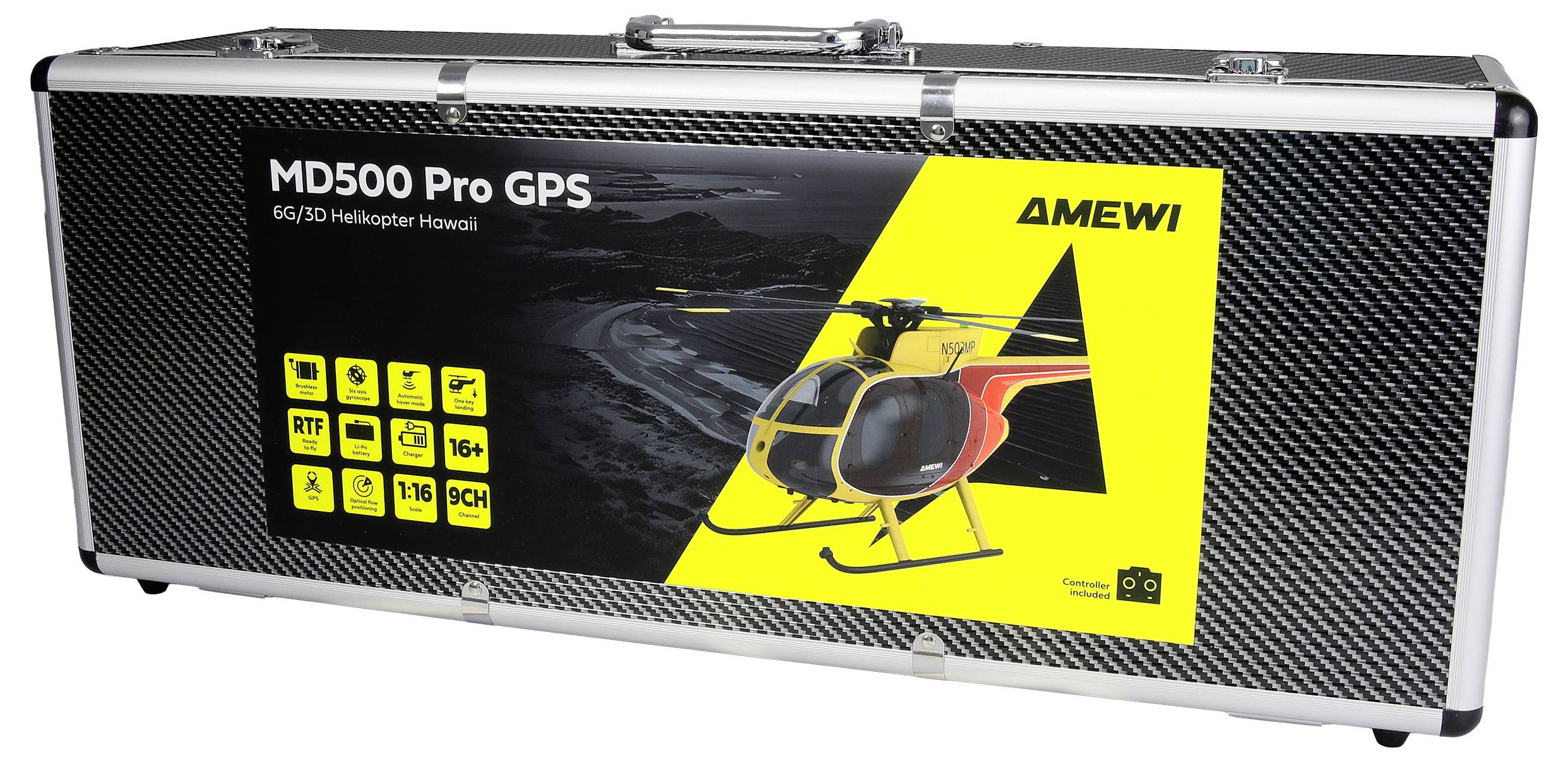 Silberner Transportkoffer für ein AMEWI MD500 Pro GPS 6G/3D Hubschrauber-Set, mit Hubschrauberbild und Feature-Symbolen auf der Vorderseite.