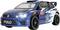 Blauer Volkswagen Polo Rallye-Wagen mit „POLO" auf der Front, weiß-blau gemustertes Racing-Livery, gezeigt vor einem neutralen Hintergrund.