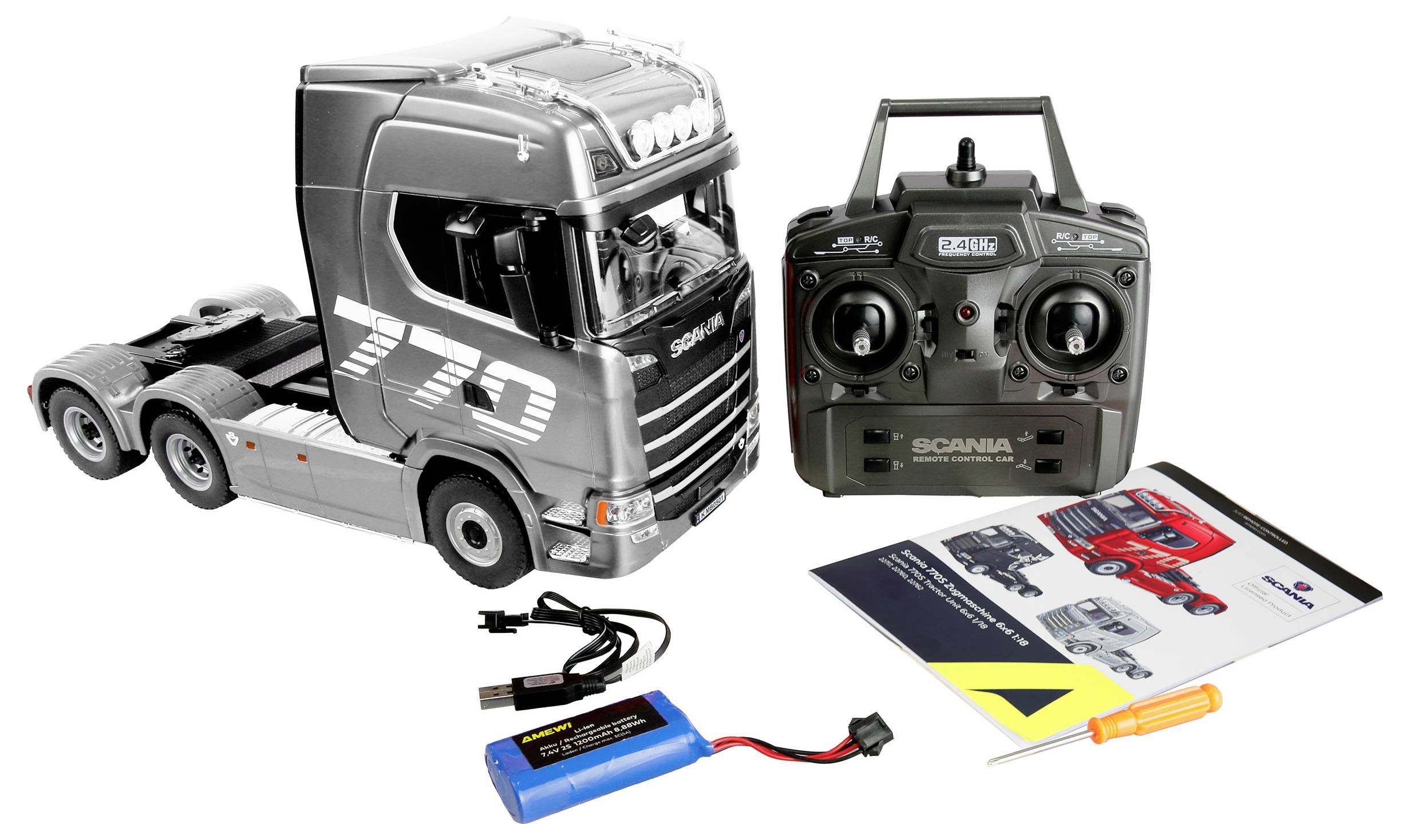 RC Scania Lastkraftwagen Modellbausatz mit Fernbedienung, Batterie, Ladekabel und Bedienungsanleitung