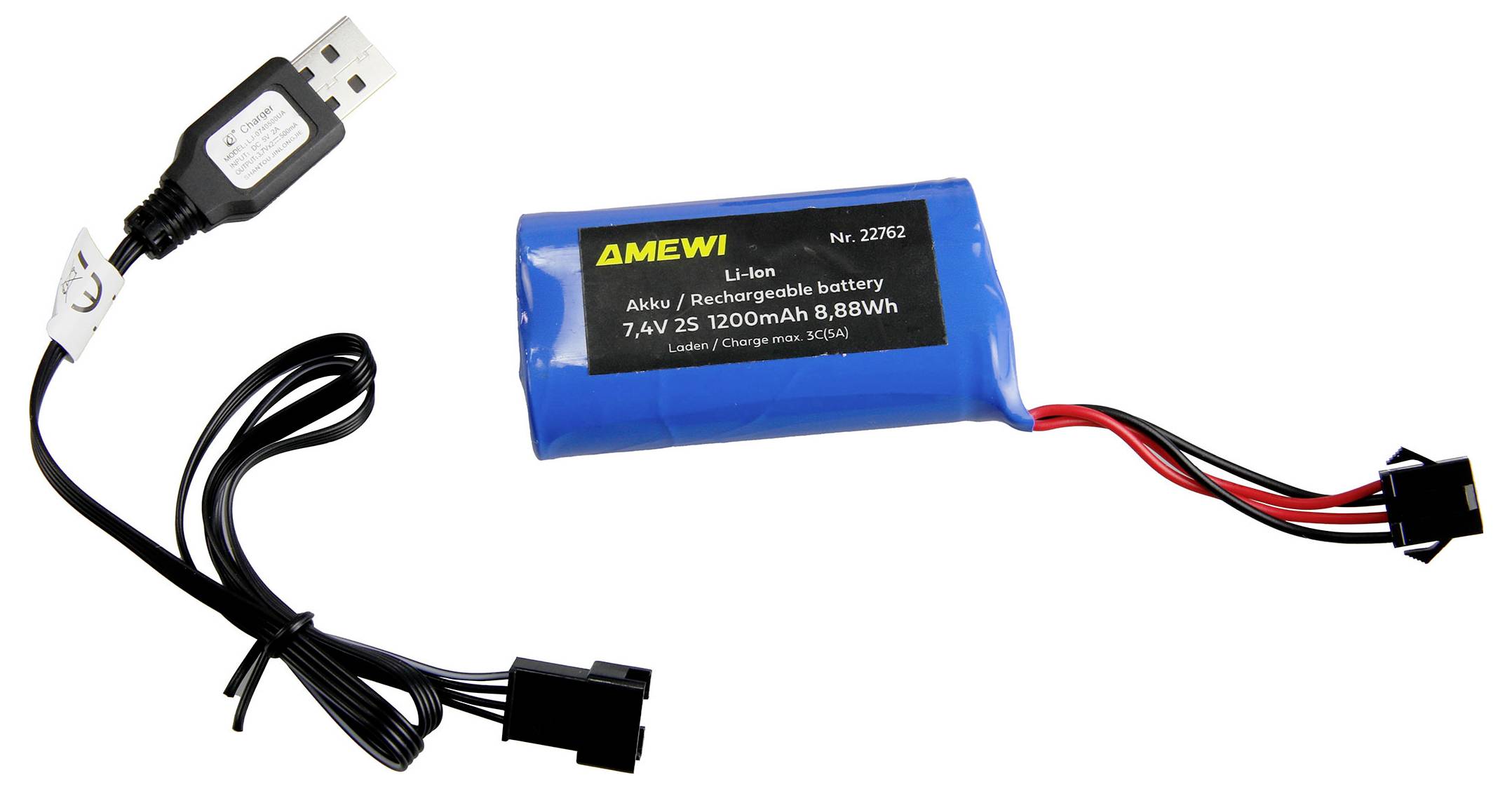 Blaues AMEWI wiederaufladbares Li-Ionen-Akkupack mit angeschlossenem USB-Ladekabel und schwarzem Stecker auf weißem Hintergrund.