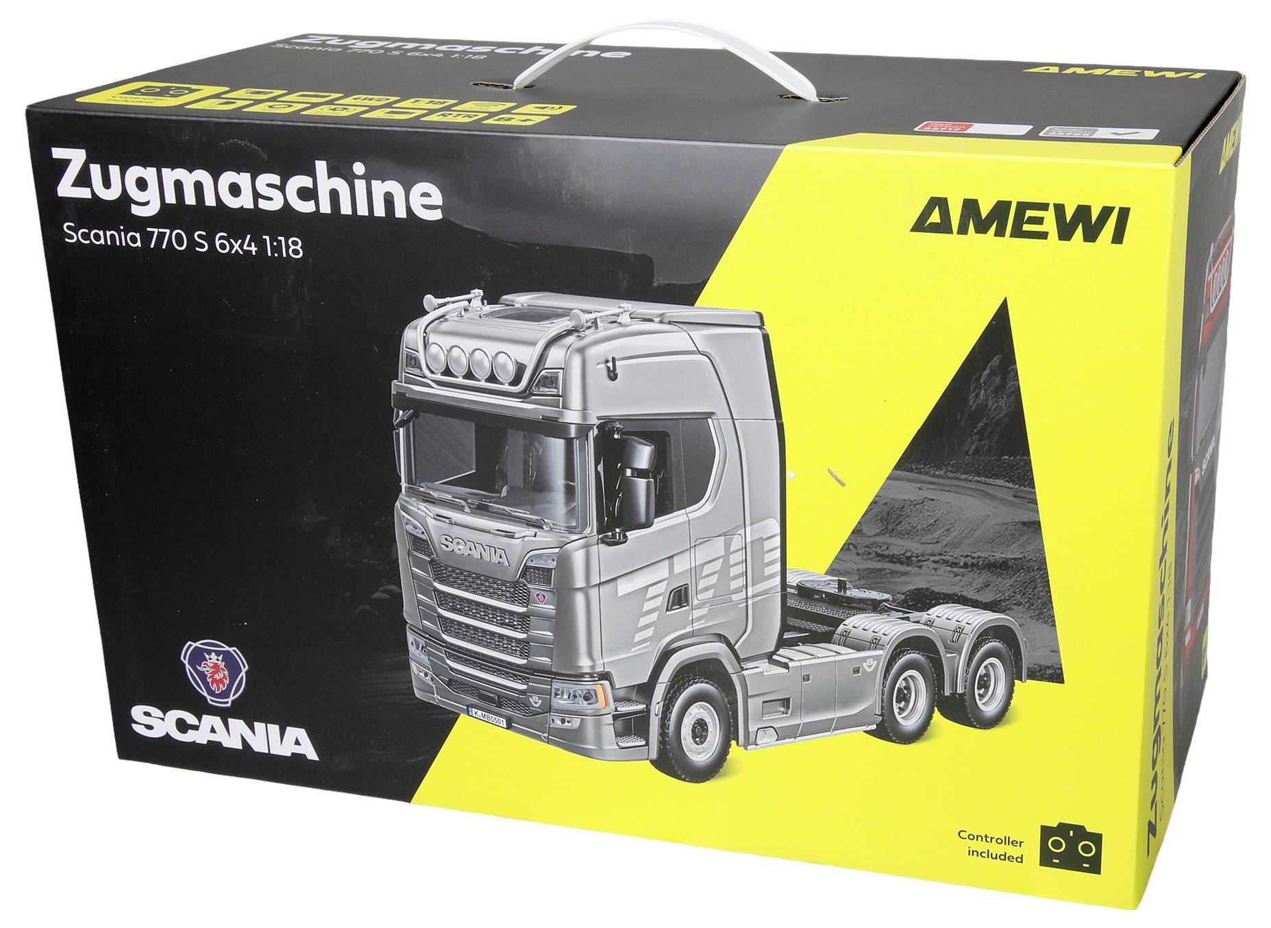 Schachtel eines "Zugmaschine" Spielzeugmodells, gekennzeichnet mit AMEWI und Scania 770 S 6x4 1:18, zeigt einen silbernen Scania-Lastwagen und "Controller inbegriffen".