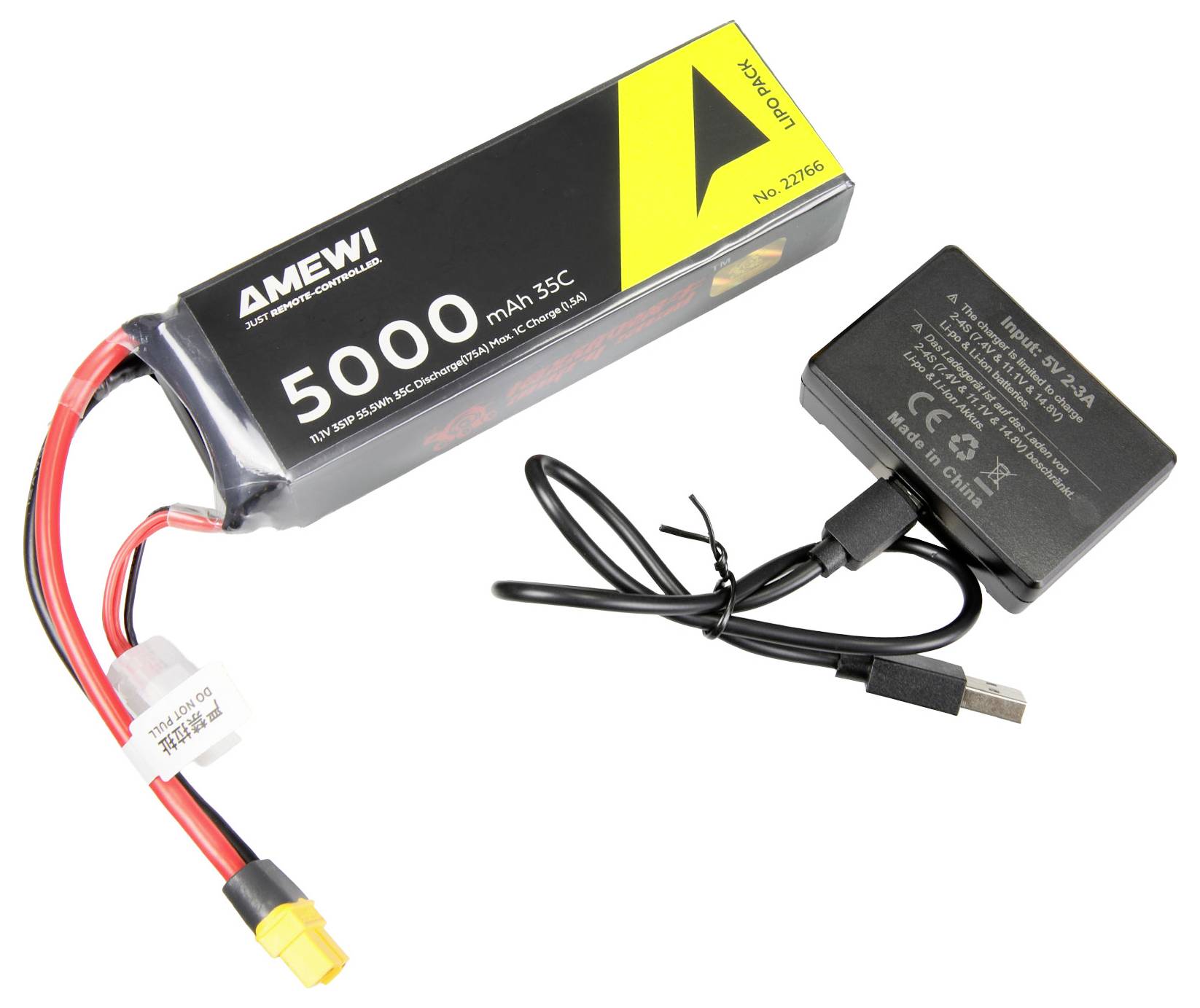 Ein 5000-mAh-AMEWI-LiPo-Akku mit rot/schwarzem Stecker, dargestellt mit einem USB-Ladegerät und Kabel auf weißem Hintergrund.