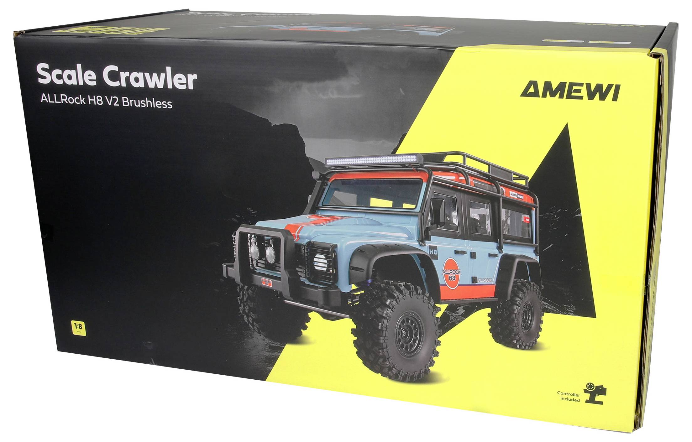 AMEWI Scale Crawler RC-Truck-Box, die ein blaues Geländefahrzeug zeigt, sowie den Text „Scale Crawler" und „ALLRock H8 V2 Brushless".