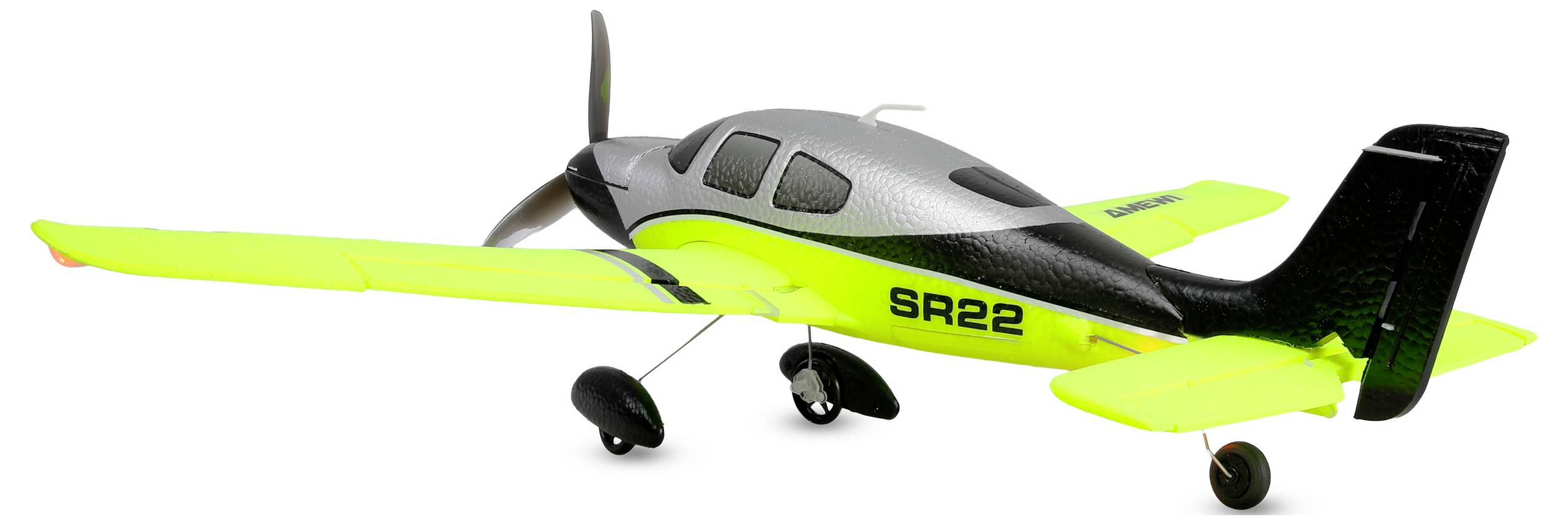 Kleines einmotoriges Propellerflugzeug mit neongrünen Flügeln und schwarzem Leitwerk, mit der Bezeichnung „SR22", in Seitenansicht auf weißem Hintergrund dargestellt.
