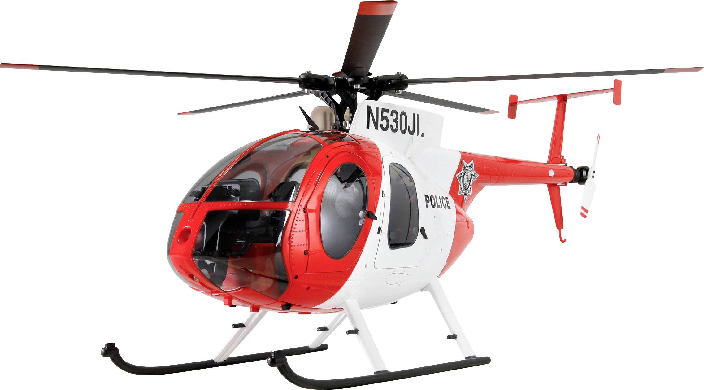 Rot-weißer Polizeihubschrauber auf Kufen, gekennzeichnet mit N530JI, in Seitenansicht vor weißem Hintergrund dargestellt.