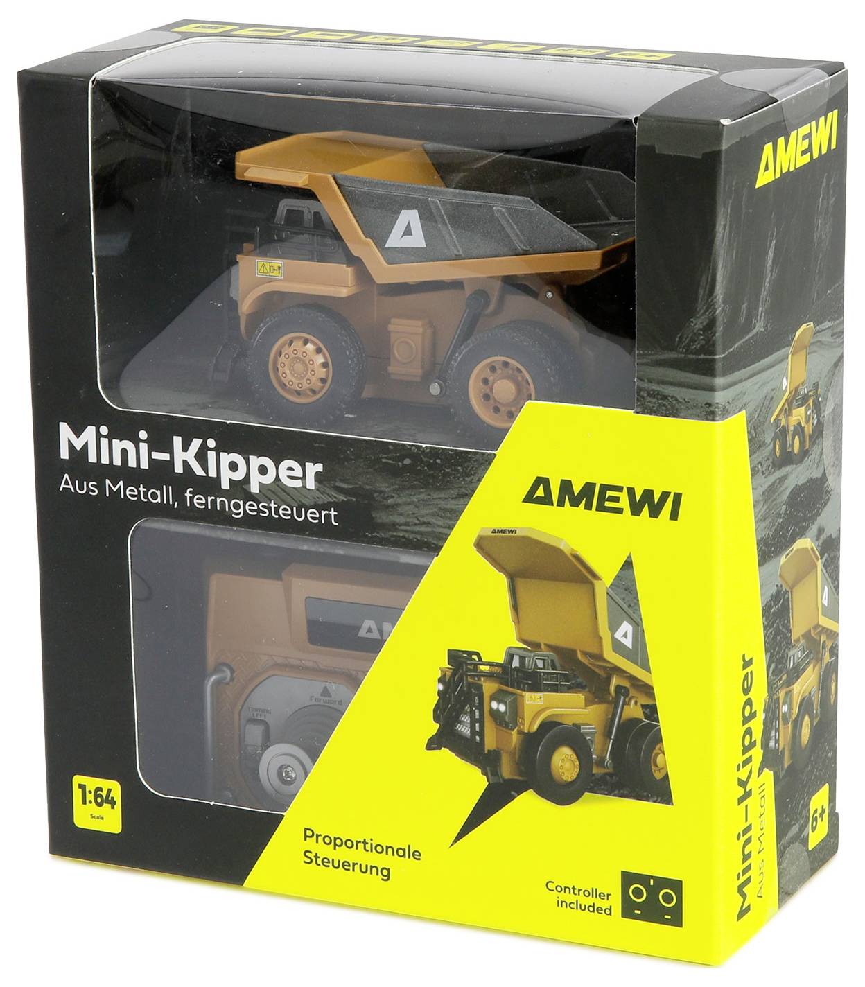 AMEWI Mini-Kipper ferngesteuerter Spielzeug-Kipplaster in einer Fensterbox, gekennzeichnet mit „Aus Metall, ferngesteuert" und „Proportionale Steuerung".
