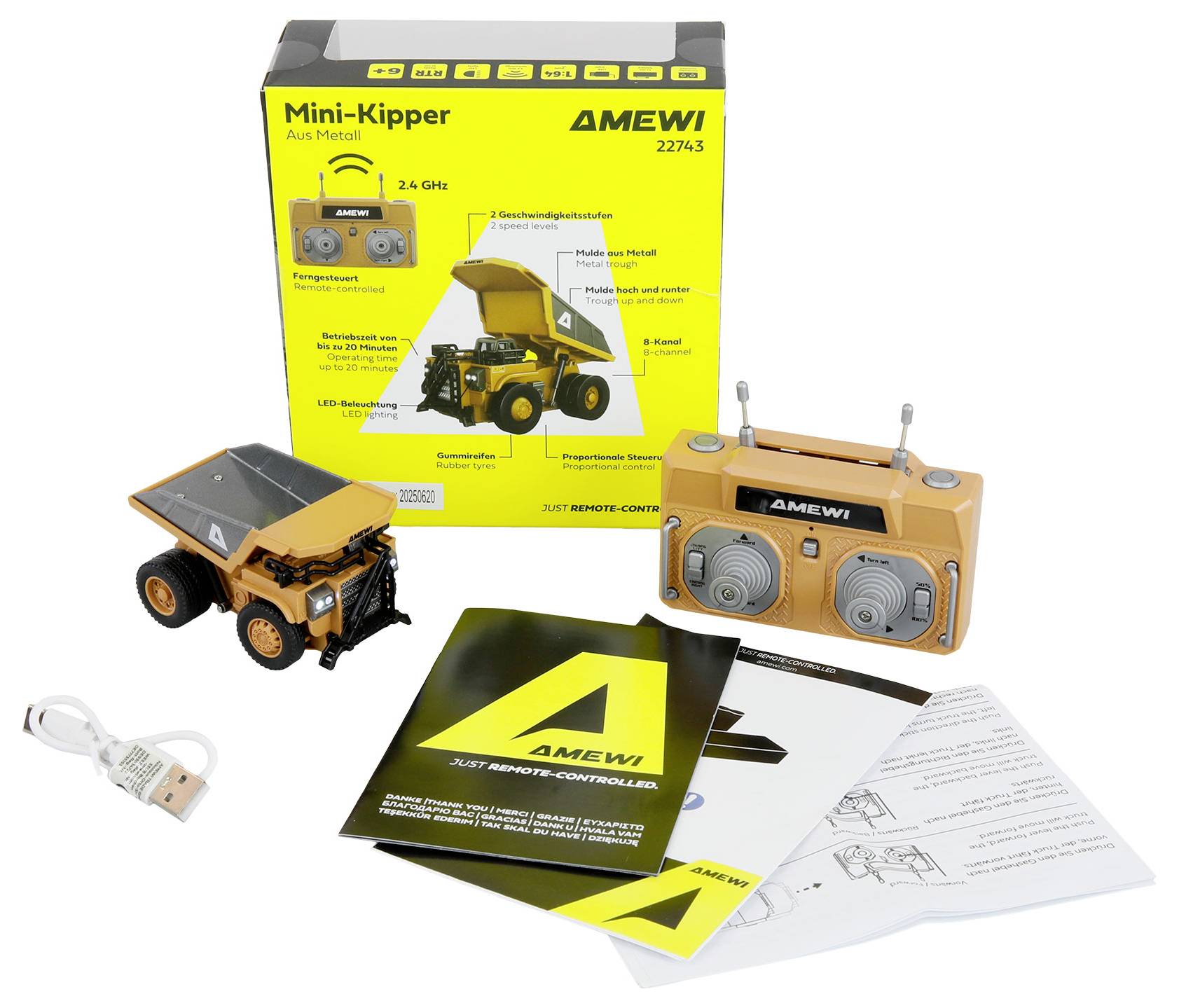 AMWEI Mini-Kipperfahrzeug ferngesteuerter Muldenkipper-Spielzeugset, zeigt den Lastkraftwagen, Funkfernsteuerung, Verpackung, Bedienungsanleitungen und USB-Ladekabel.