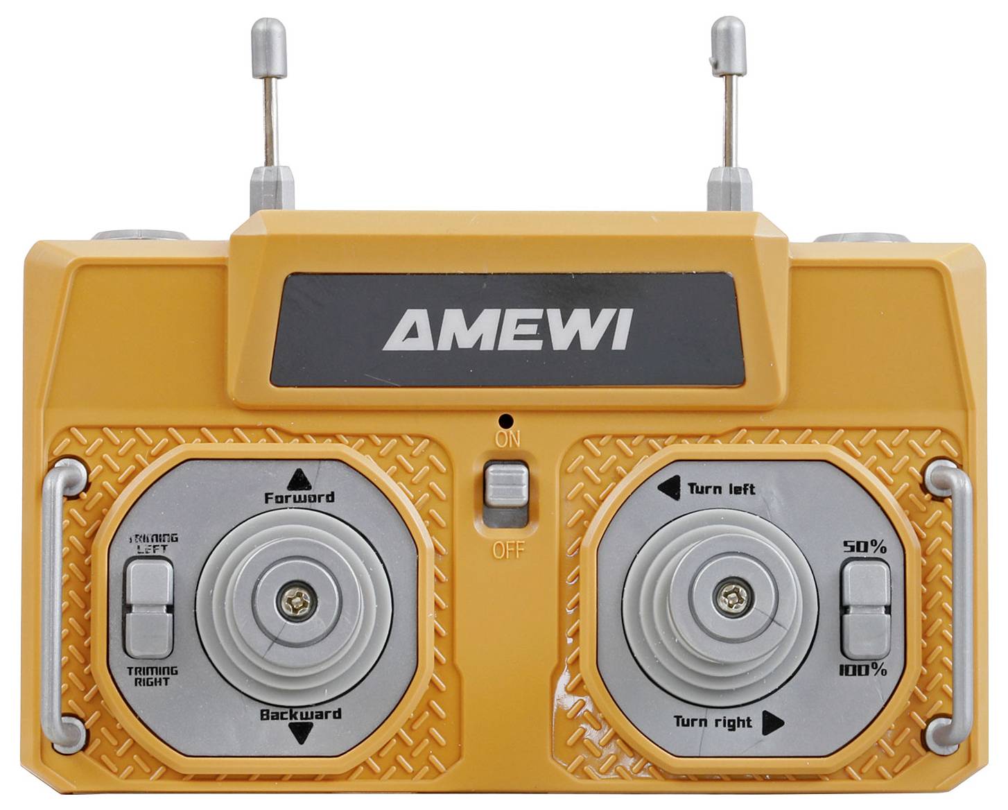 Orange AMEWI Fernbedienung mit zwei Joysticks und Antennen, zeigt Vorwärts-/Rückwärtslenkung und Links-/Rechtslenkung.