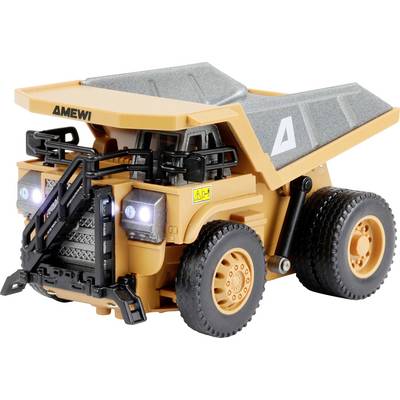 Orange AMEWI Kipplaster-Spielzeugwagen mit schwarzem Frontlader, grauem Ladefläche und Scheinwerfern auf weißem Hintergrund.