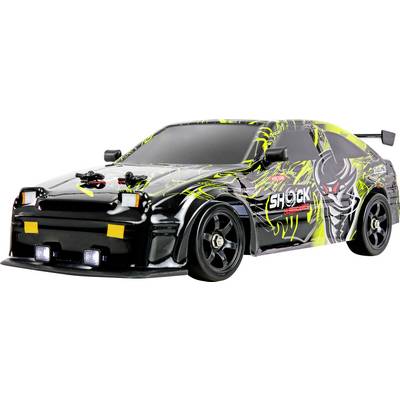 Schwarzes Drift-Style-Rennwagen mit neongelben Grafiken und dem Wort „SHOCK" auf der Seite, dargestellt auf weißem Hintergrund.