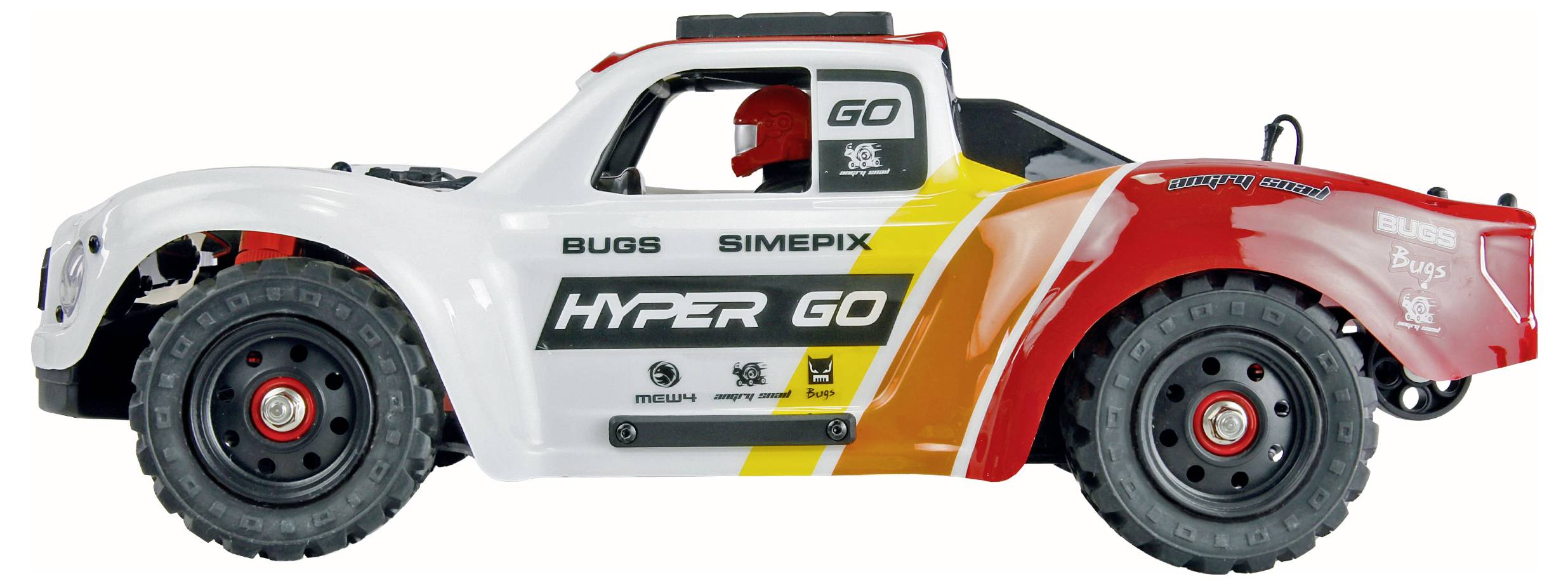 Seitenansicht eines weißen, roten und orangefarbenen Geländewagen-Rallyautos mit großen Reifen und der Markenbezeichnung „HYPER GO" auf der Tür.