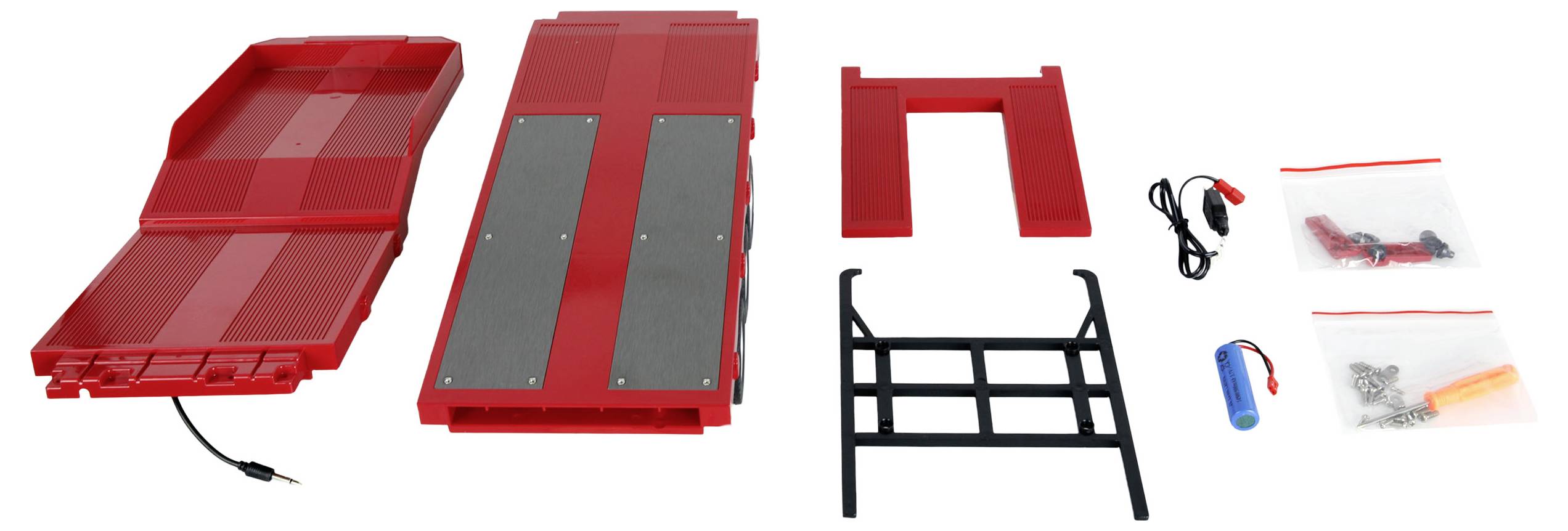 Roter modularer Laptop-Ständer aus Kunststoff, gezeigt in Teilen: zwei Seitenpaneele, schwarzes Rahmengestell, Kabel, Werkzeuge, Schrauben und kleine Zubehörtaschen auf weißem Hintergrund