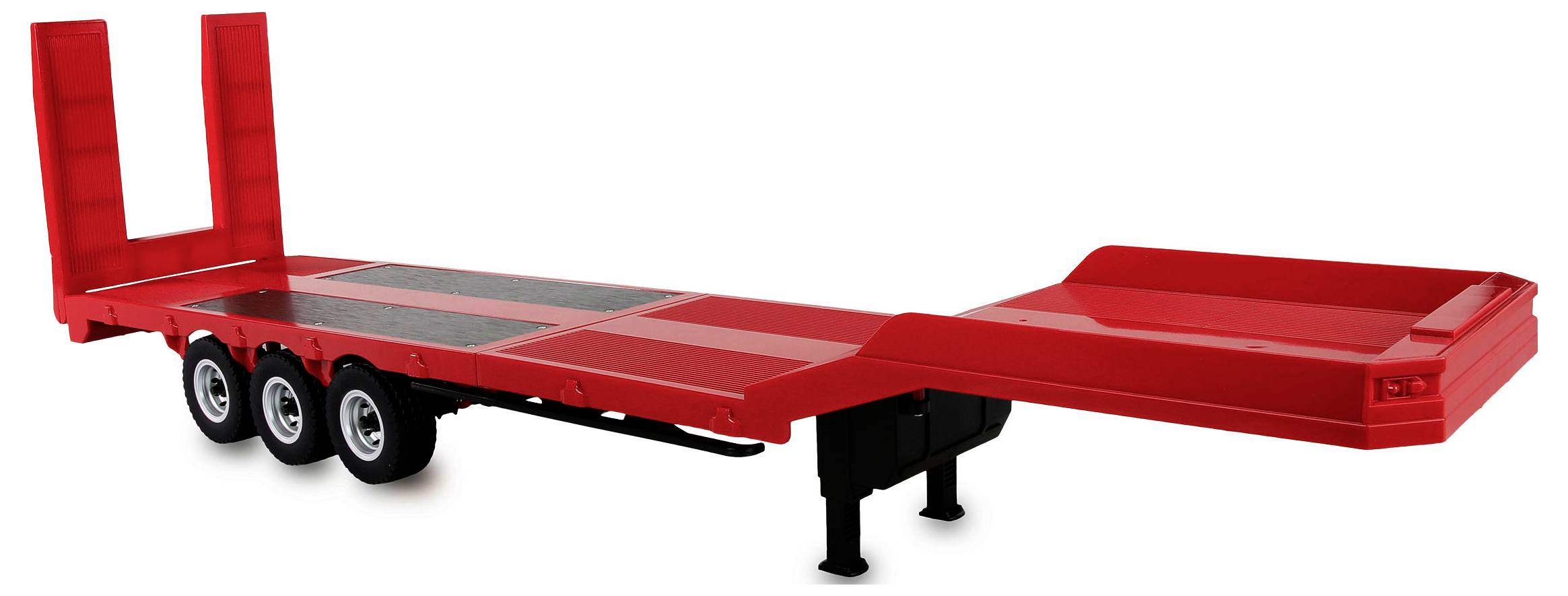 Roter Lowboy-Flachbettanhänger mit Dreifachachsen und einer hinteren Ladefläche, gezeigt auf weißem Hintergrund.
