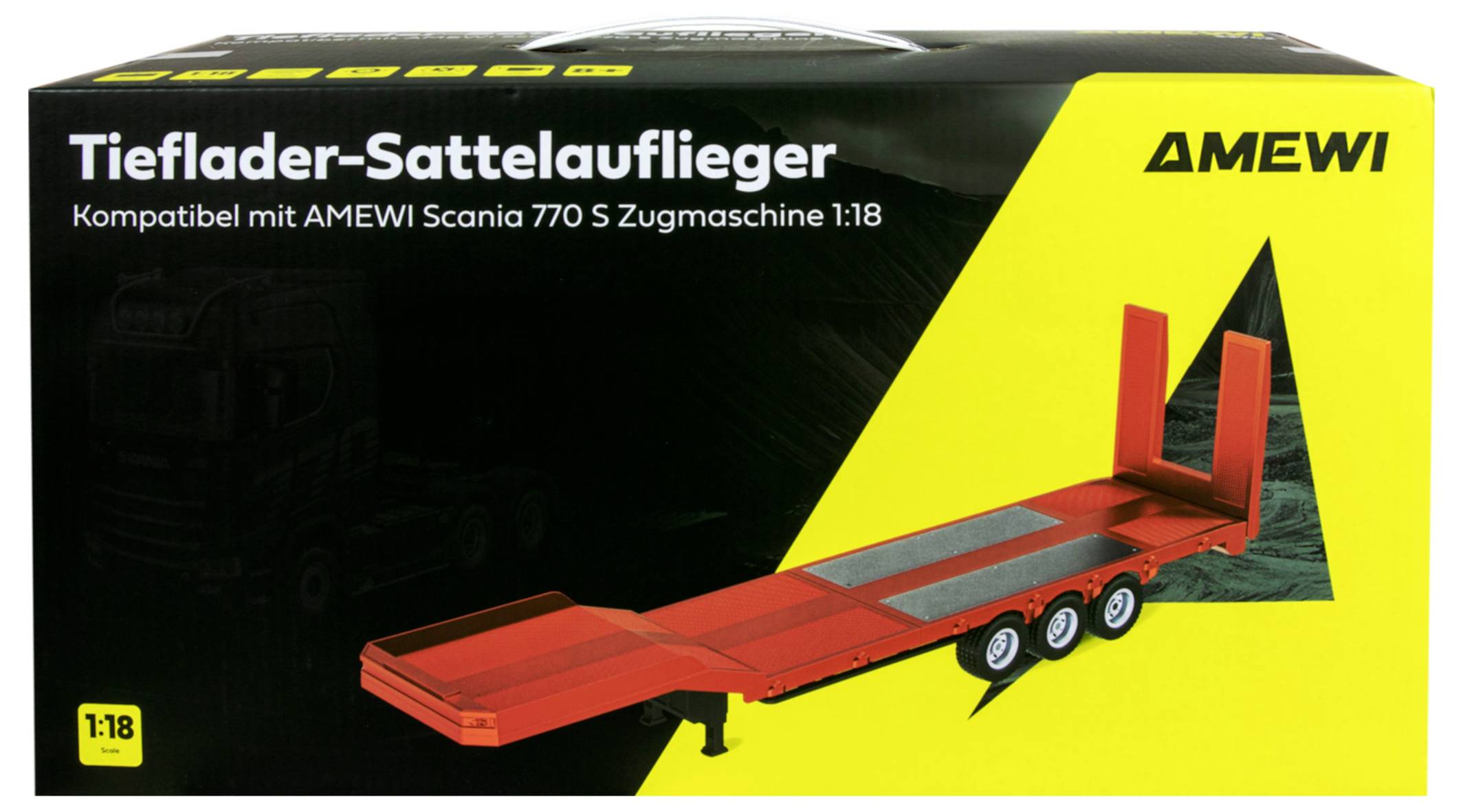Karton für AMEWI 'Tieflader-Sattelauflieger' Modell, kompatibel mit Scania 770 S Zugmaschine, Maßstab 1:18, zeigt einen roten Tieflader-Auflieger.