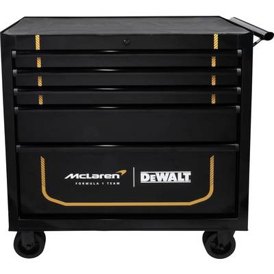 Schwarzer rollbarer Werkzeugschrank mit mehreren Schubladen und McLaren Formel-1-Team- sowie DEWALT-Logos auf der Vorderseite.