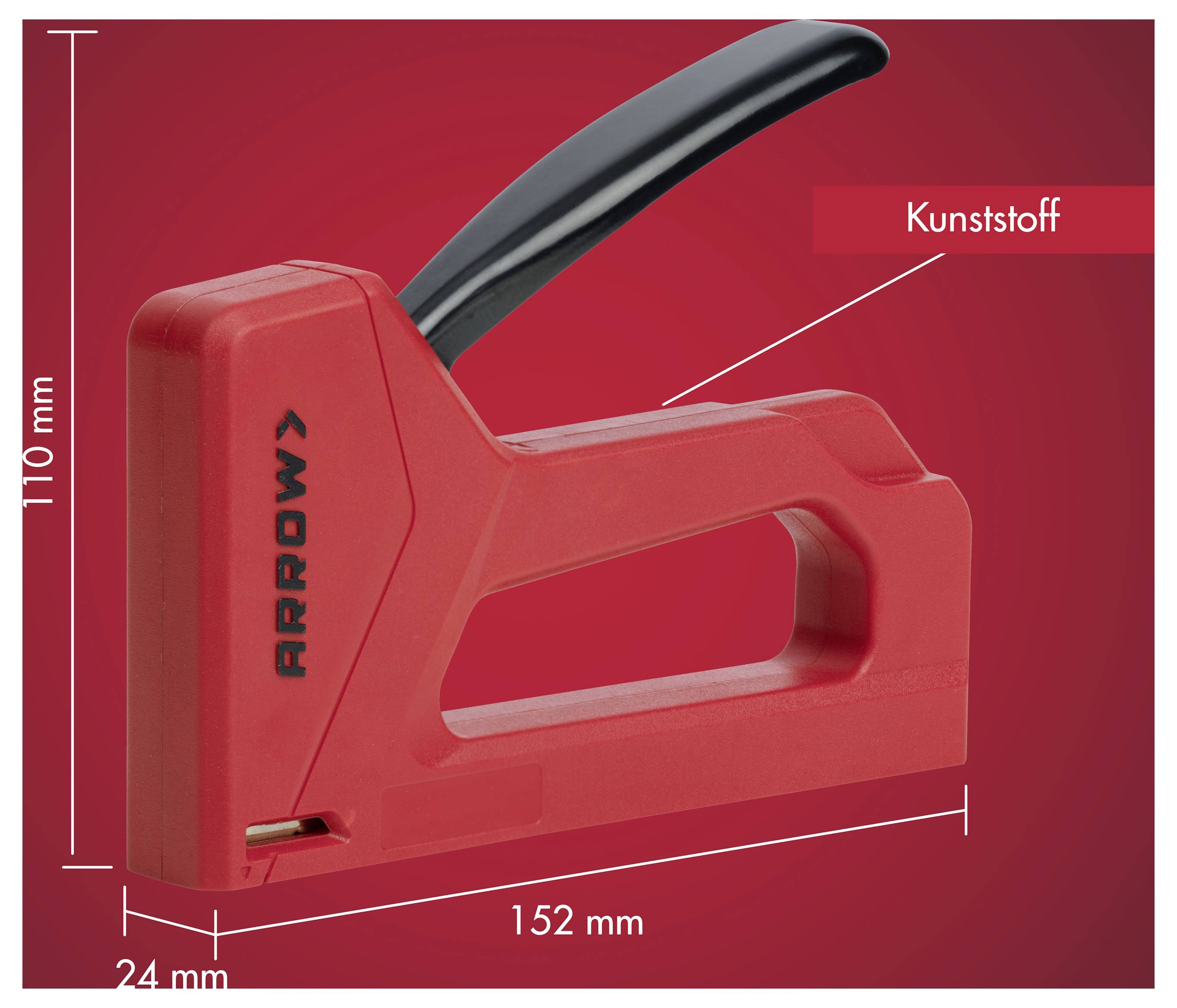 Roter Kunststoff-ARROWD-Heftklammerer, 152 mm lang und 110 mm hoch, mit schwarzem Hebel; gekennzeichnet mit „Kunststoff", was auf Kunststoff hindeutet.