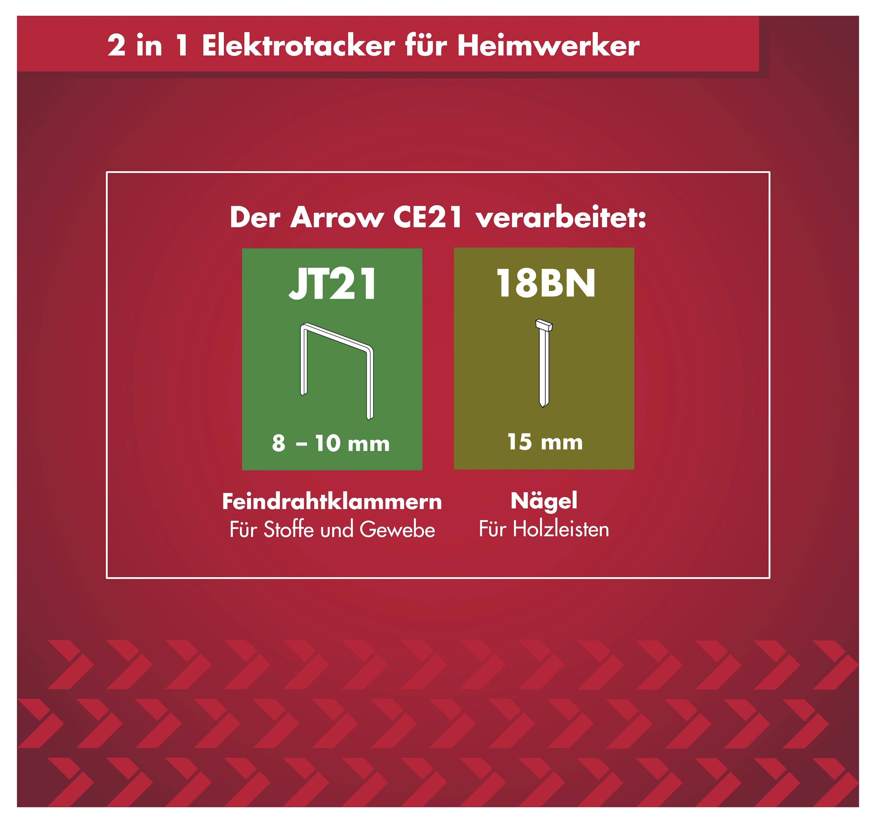 Rotes Werbegrafik für „2 in 1 Elektrotacker für Heimwerker" mit dem Arrow CE21, der JT21-Klammern 8-10 mm für Stoff und 18BN-Nägel 15 mm für Holzleisten verarbeitet.