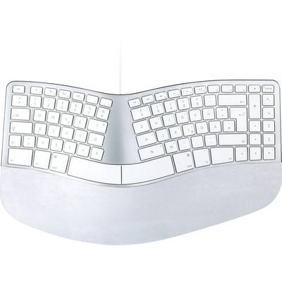 Weiße ergonomische geteilte Tastatur mit geschwungenem Design, von oben auf hellem Hintergrund gezeigt.