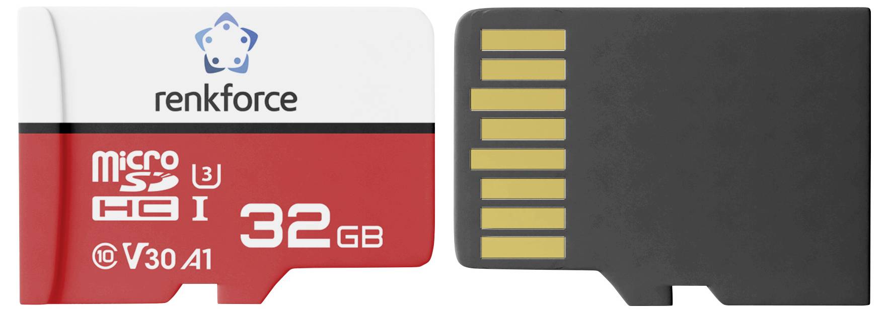 Micro-SD-Speicherkarte mit der Bezeichnung „renkforce" und „32 GB" mit einer Geschwindigkeitsklasse von 10 V30 U3; schwarze Kontaktseite gezeigt.