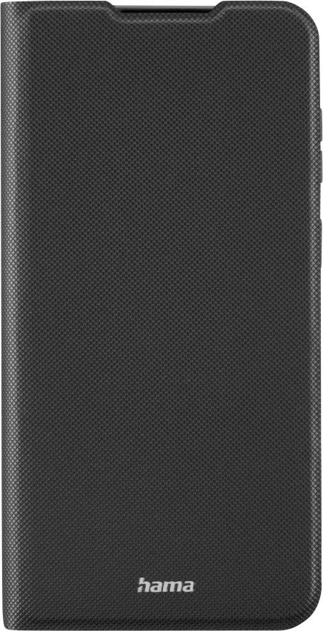 Schwarze strukturierte Hama-Smartphone-Folio-Hülle mit Frontabdeckung und zentriertem Logo auf weißem Hintergrund.