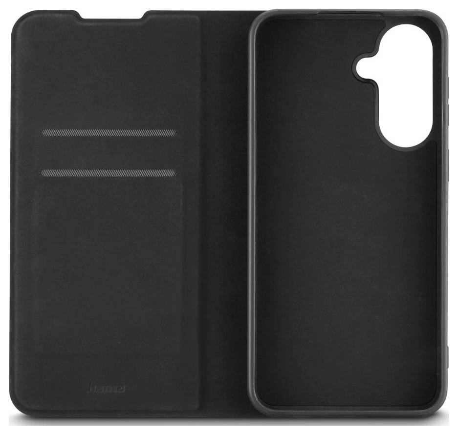 Schwarze faltbare Smartphone-Hülle mit Frontabdeckung, Kartenschächten und Kameraausschnitt auf der Rückseite, aufgeklappt angezeigt