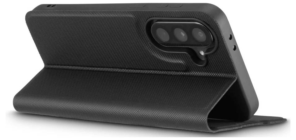 Schwarze Folio-Schutzhülle mit ausklappbarem Ständer, geöffnet zur Unterstützung des Geräts in Querformatausrichtung.