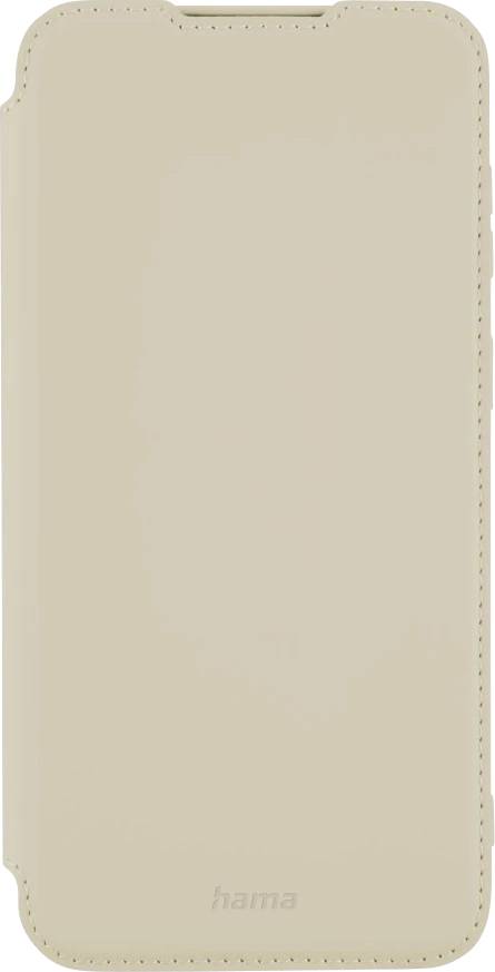 Beige Smartphone-Flipcase mit abgerundeten Ecken und gesäumtem Rand, geschlossen dargestellt mit kleinem Frontausschnitt und schwachem "hama"-Logo unten.