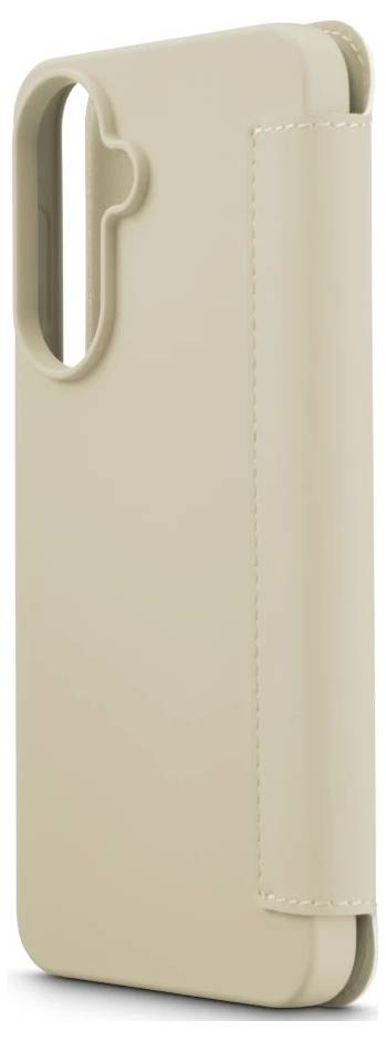 Beige-farbige Smartphone-Hülle mit einem großen ovalen Ausschnitt oben und einer genähten Seitenlasche, auf weißem Hintergrund dargestellt.