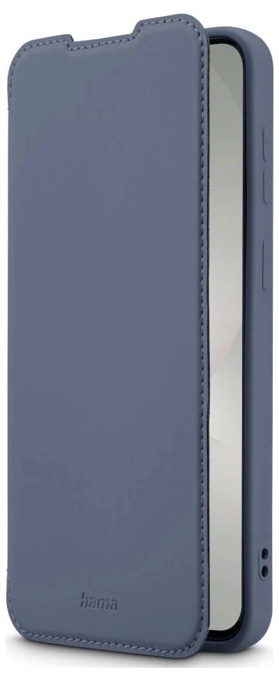 Blaugraues Klapphandycover mit Frontabdeckung und genähten Kanten, geschlossen auf einem Telefon gezeigt