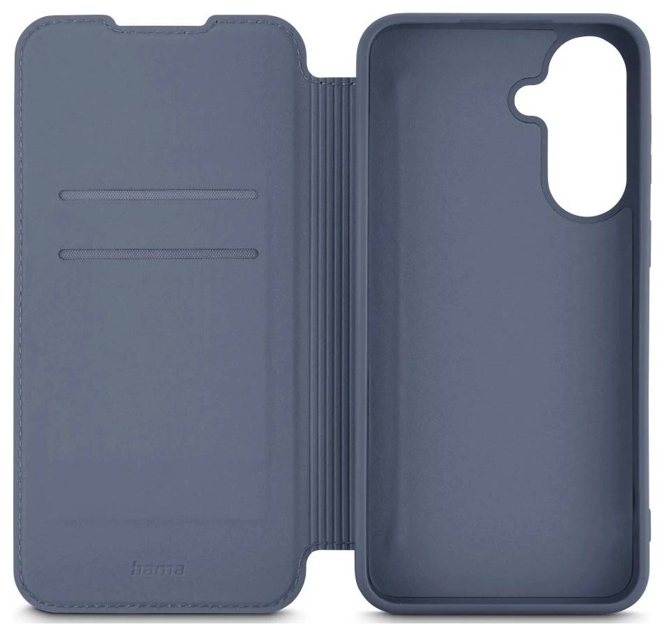 Aufgeklapptes dunkelblau Smartphone-Folio-Etui mit magnetischem Verschluss, Kartenfächern und Aussparung für Rückkamera vor weißem Hintergrund präsentiert.