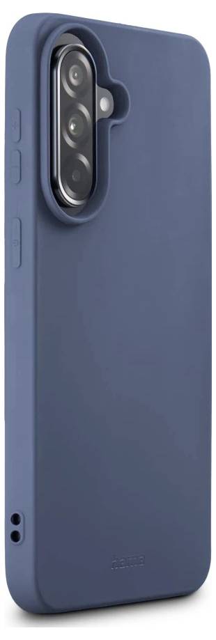 Blaues Smartphone-Case mit erhöbenem vertikalem Kameraausschnitt und Seitentasten, von hinten auf weißem Hintergrund gezeigt.