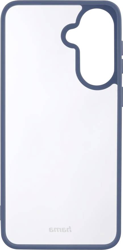 Transparente Smartphone-Schutzhülle mit blauem Stoßschutz und erhöhtem Kameraausschnitt, Vorderansicht auf weißem Hintergrund.