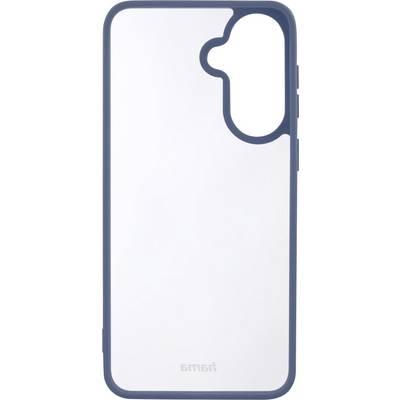 Transparente Smartphone-Schutzhülle mit blauem Stoßschutz und erhöhtem Kameraausschnitt, Vorderansicht auf weißem Hintergrund.